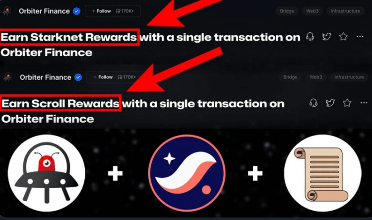 Orbiter 暗示 Starknet 和 Scroll AirDrops 一魚三吃