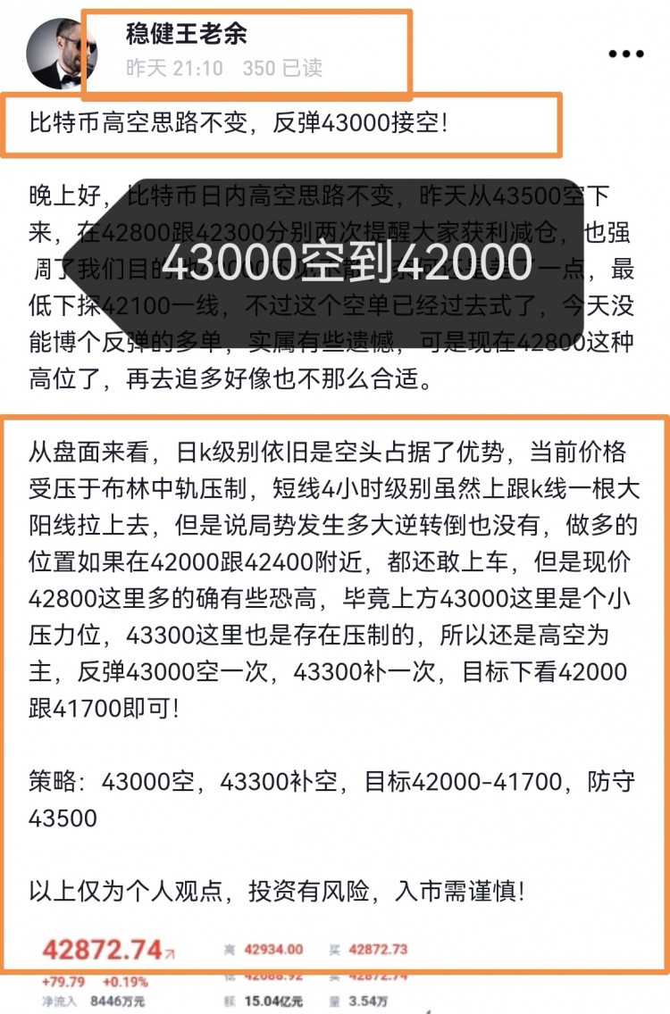 [穩(wěn)健王老余]比特幣空單止盈離場