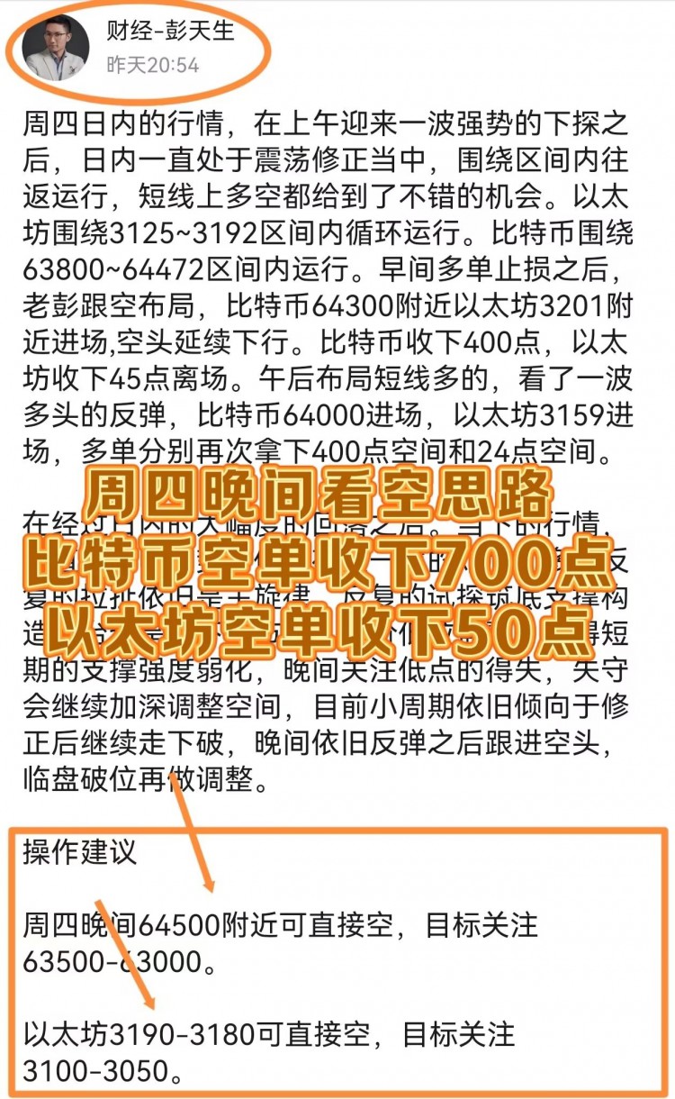 [財(cái)經(jīng)彭天生]彭天生：周五比特幣以太坊操作建議及分析策略